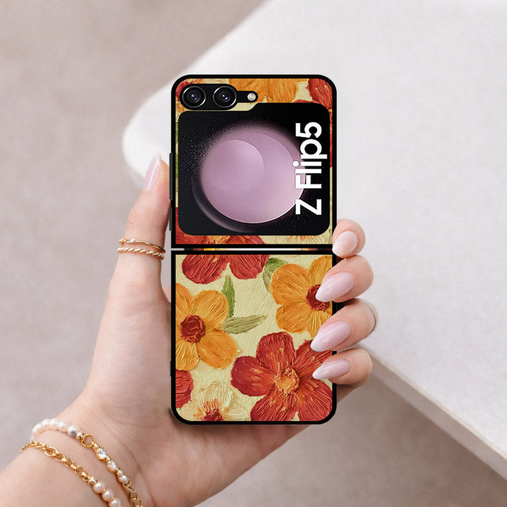 Samsung Galaxy Z Flip 7 SE Cover - Floral Series - Design 6 - Red & Orange - HQ Premium Shine Durable Shatterproof Case