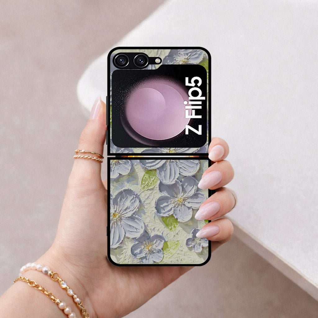 Samsung Galaxy Z Flip 7 SE Cover - Floral Series - Design 12 - Grey & Green - HQ Premium Shine Durable Shatterproof Case