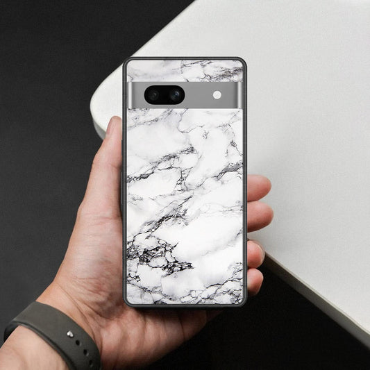 Google Pixel 7a Cover - White Marble Series - HQ Ultra Shine Premium Infinity Glass Soft Silicon Borders Case
