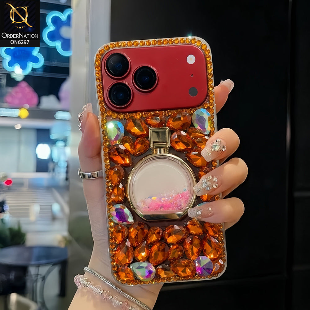 iPhone 17 Pro Max Cover - Orange - Luxury Crystal Rhinestone Phone Case with Glitter Liquid Ring Stand and Full Camera Protection