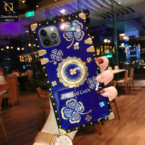 iPhone 12 Pro Cover - Blue - Square Bling Diamond Glitter Soft TPU Trunk Case with Ring Holder