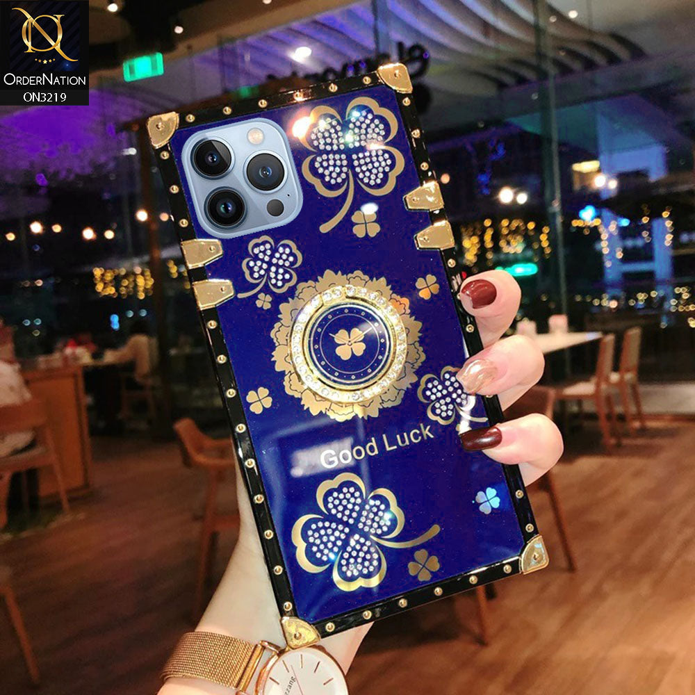 iPhone 13 Pro Cover - Blue - Square Bling Diamond Glitter Soft TPU Trunk Case with Ring Holder