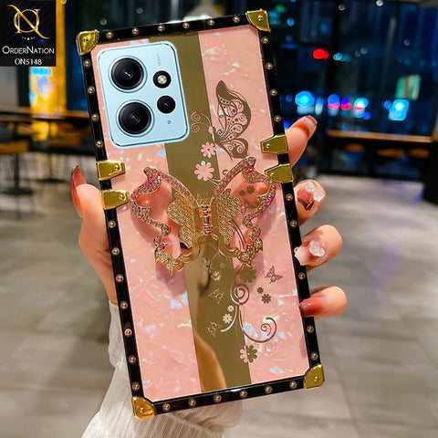 Xiaomi Redmi Note 12 Cover - Pink -  Luxury Shiny Rhinestone Butterfly Electroplated Square Trunk Soft Case