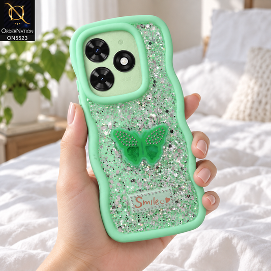 Tecno Spark Go 2024 Cover - Sea Green - New Premium Smile Glitter Soft Case on the phone, held in a hand in a white bedroom (AI lifestyle render)