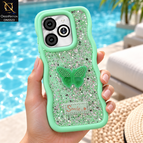Infinix Smart 8 HD Cover - Sea Green - New Premium Smile Glitter Soft Case on the phone, held in a hand by a swimming pool (AI lifestyle render)