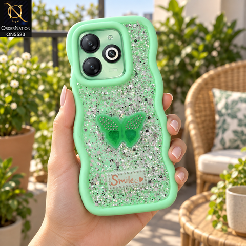 Infinix Smart 8 Cover - Sea Green - New Premium Smile Glitter Soft Case on the phone, held in a hand on a sunny balcony (AI lifestyle render)