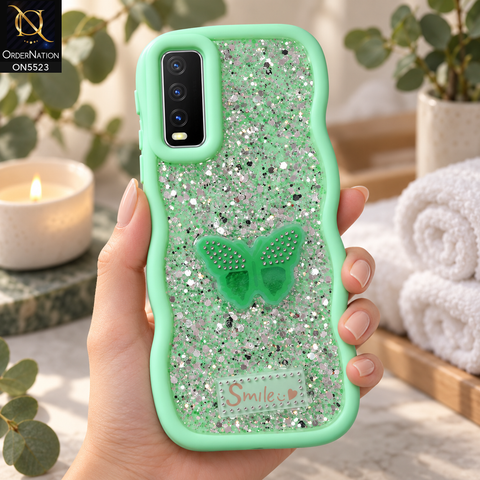 Vivo Y20i Cover - Sea Green - New Premium Smile Glitter Soft Case on the phone, held in a hand in a spa corner (AI lifestyle render)