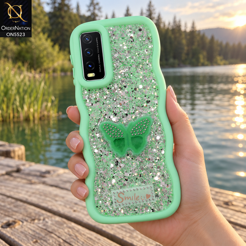 Vivo Y20s Cover - Sea Green - New Premium Smile Glitter Soft Case on the phone, held in a hand on a lake dock (AI lifestyle render)