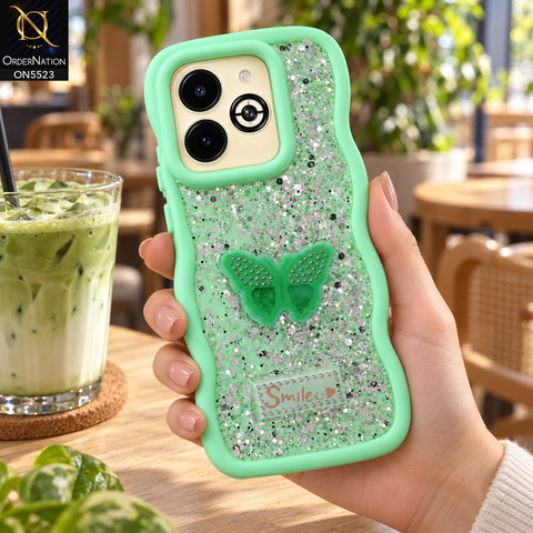 Infinix Smart 8 Plus Cover - Sea Green - New Premium Smile Glitter Soft Case on the phone, held in a hand in a plant-filled cafe (AI lifestyle render)