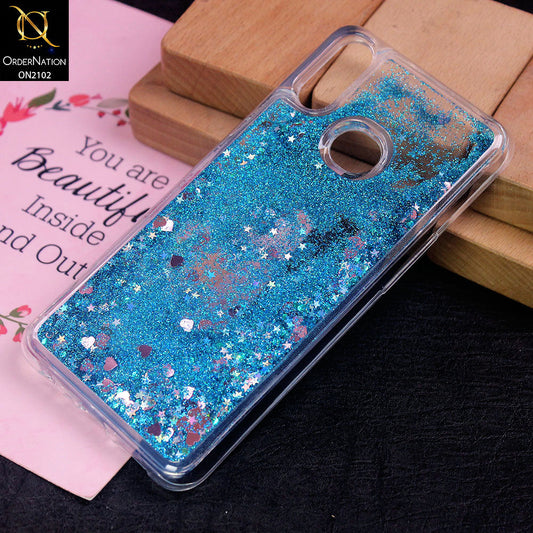 Samsung Galaxy A10s Cover - Blue - Cute Love Hearts Liquid Glitter Pc Back Case