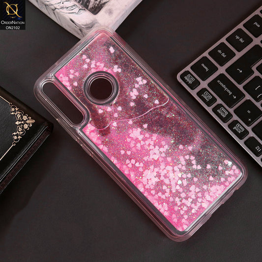 Huawei Y7P Cover - Pink - Cute Love Hearts Liquid Glitter Pc Back Case