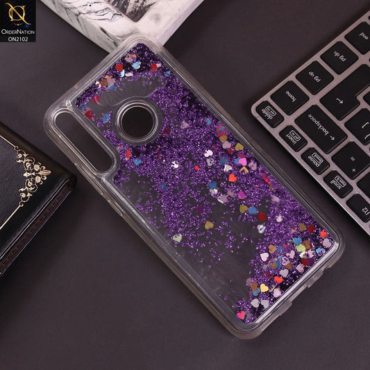 Huawei Y7P Cover - Purple - Cute Love Hearts Liquid Glitter Pc Back Case