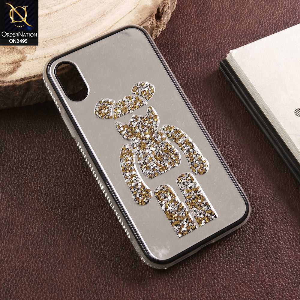 iPhone XS Max Cover - Silver -Luxury Mirror Case with Gold & Silver Crystal Bear Design