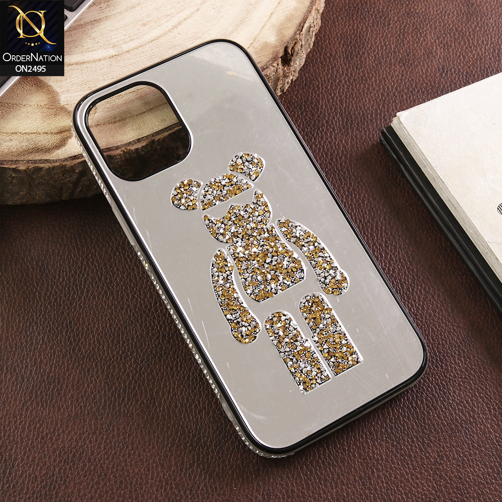 iPhone 12 Pro Cover - Silver -Luxury Mirror Case with Gold & Silver Crystal Bear Design