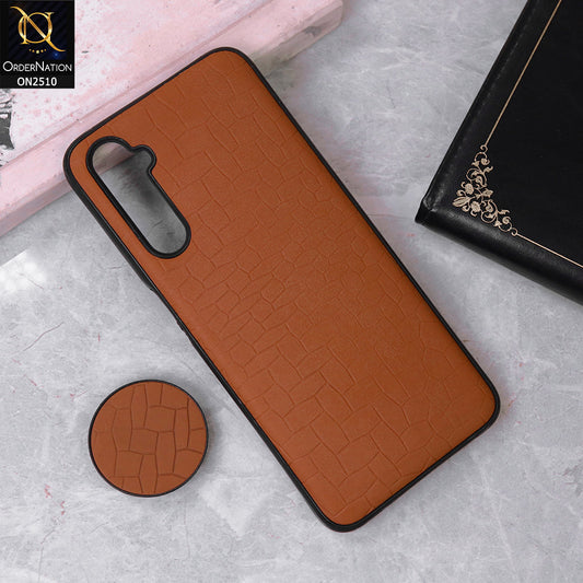 Realme 6 Cover - Brown - New Abstract Pattern Leather Texture Case with Mobile Holder