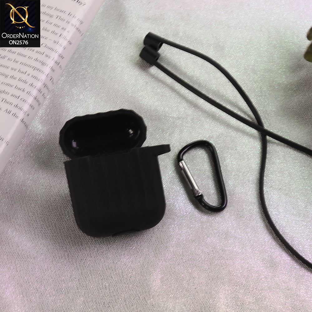 Apple Airpods 1 / 2 Cover  - Black  - Soft Silicone Line Pattern Case - (Just Cover No Airpods Included)