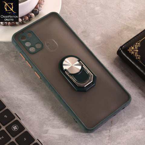 Samsung Galaxy A21s Cover - Green - Semi Tranparent Matte Hard PC Camera Protection Kick Stand Ring Holder Protective Case