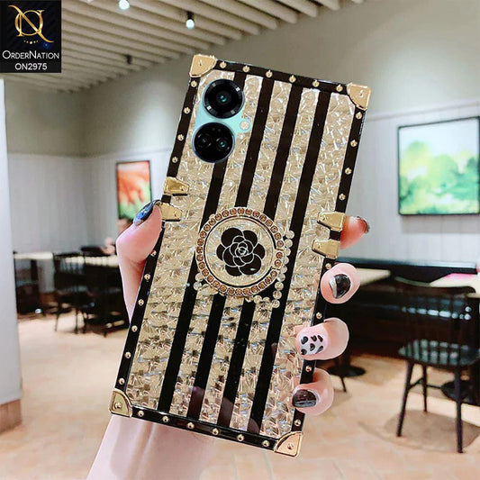 Tecno Camon 19 Cover - Design2 - 3D illusion Gold Flowers Soft Trunk Case With Ring Holder