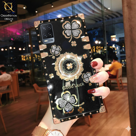 Oppo A54 4G Cover - Black - Square Bling Diamond Glitter Soft TPU Trunk Case with Ring Holder