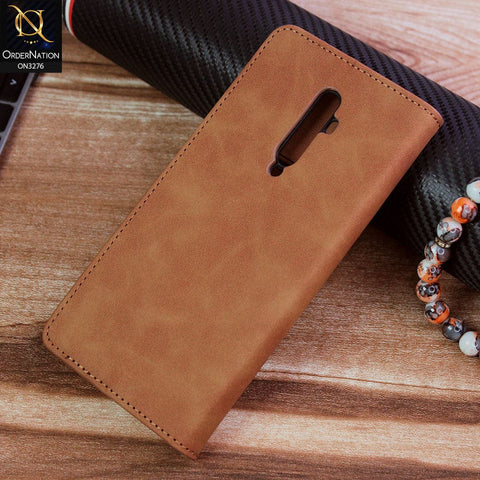 Oppo Reno 2F Cover - Light Brown - ONation Business Flip Series - Premium Magnetic Leather Wallet Flip book Card Slots Soft Case