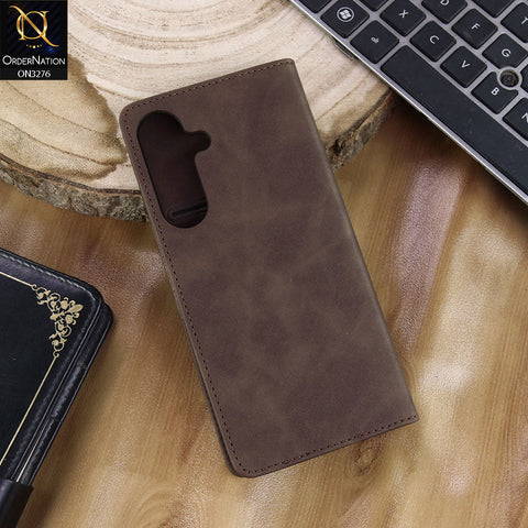 Samsung Galaxy S25 FE Cover - Dark Brown - ONation Business Flip Series - Premium Magnetic Leather Wallet Flip book Card Slots Soft Case