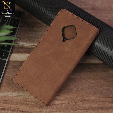 Vivo Y51 (2020 September) Cover - Light Brown - ONation Business Flip Series - Premium Magnetic Leather Wallet Flip book Card Slots Soft Case