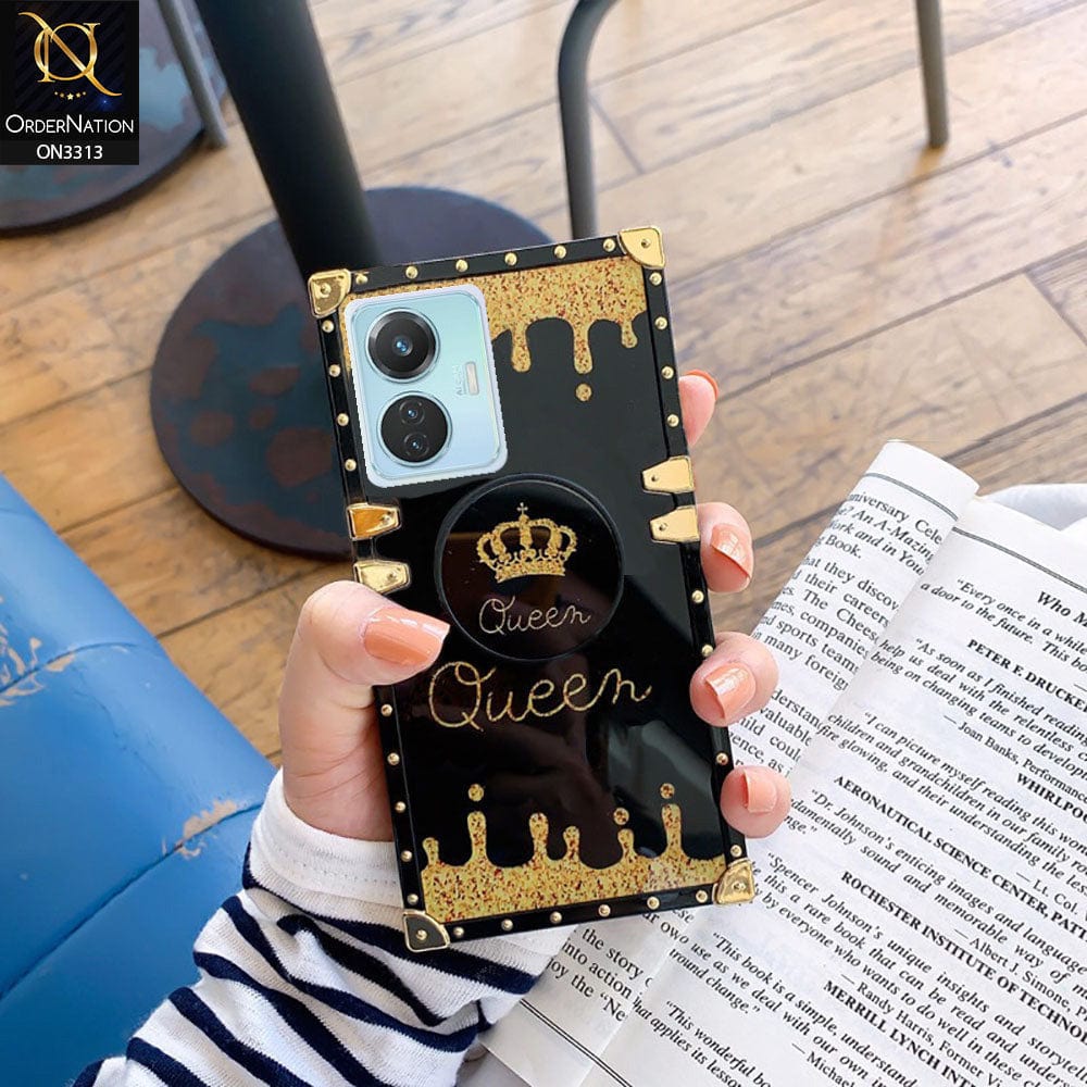 Vivo Y55 4G Cover - Black - Golden Electroplated Luxury Square Soft TPU Protective Case with Holder
