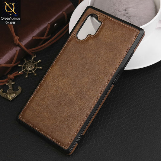 Samsung Galaxy Note 10 Plus Cover - Brown - Vintage Luxury Business Style TPU Leather Stitching Logo Hole Soft Case