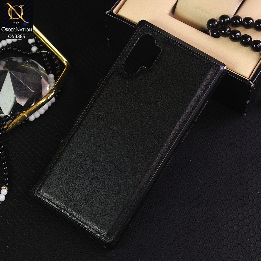 Samsung Galaxy Note 10 Plus Cover - Black - Vintage Luxury Business Style TPU Leather Stitching Logo Hole Soft Case