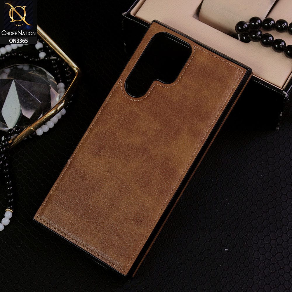 Samsung Galaxy S22 Ultra 5G Cover - Brown - Vintage Luxury Business Style TPU Leather Stitching Logo Hole Soft Case