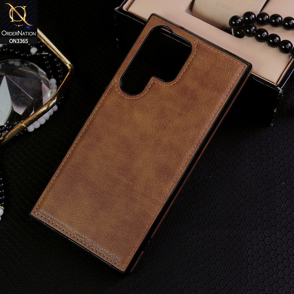 Samsung Galaxy S23 Ultra 5G Cover - Brown - Vintage Luxury Business Style TPU Leather Stitching Logo Hole Soft Case