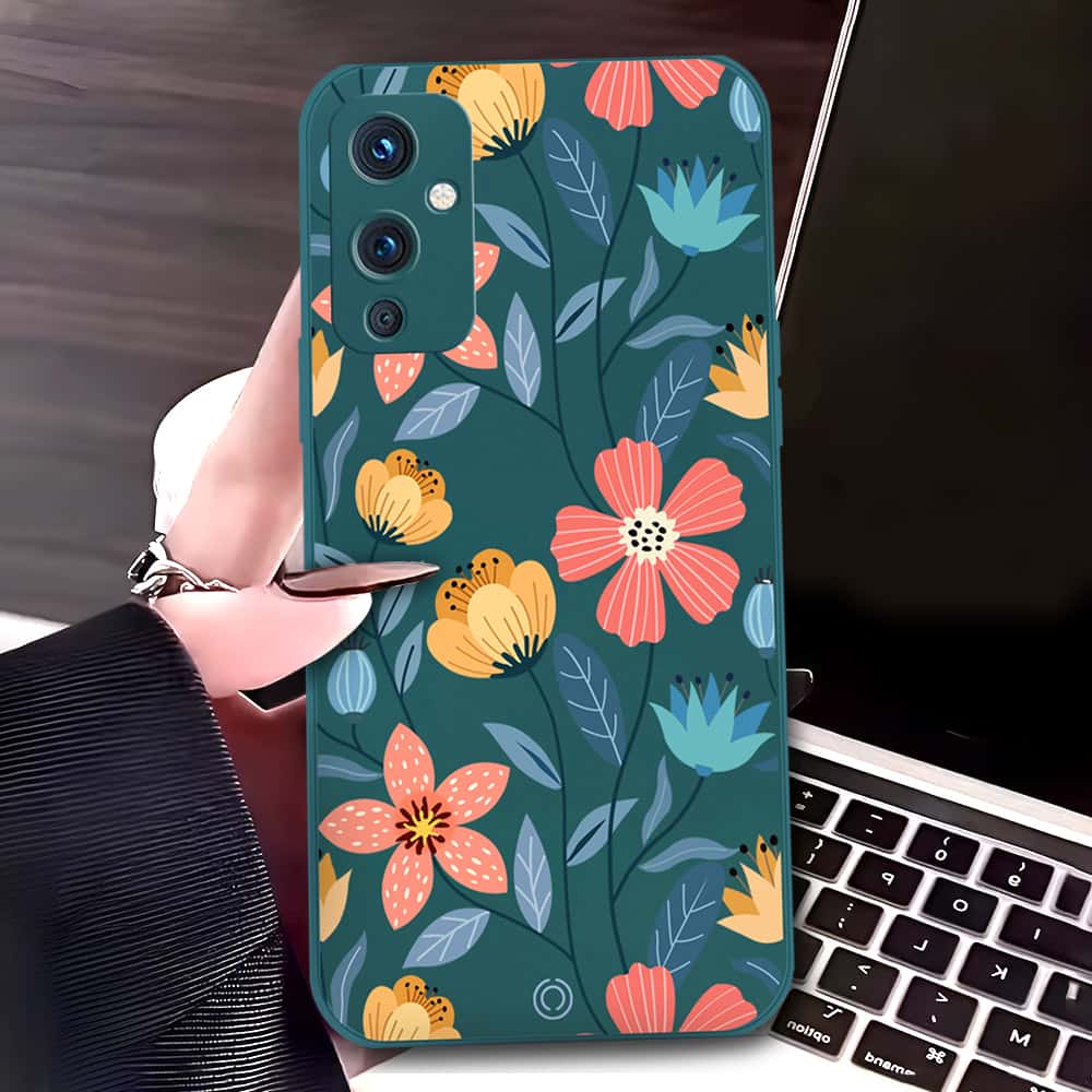 OnePlus 9 Cover - Dark Green - D2 - ONation Floral Series - HQ Liquid Silicone Soft Case