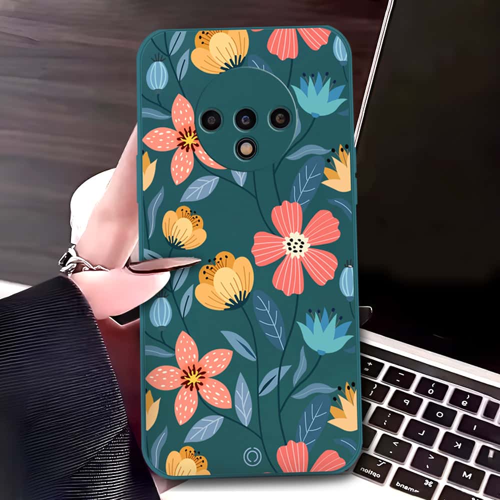 OnePlus 7T Cover - Dark Green - D2 - ONation Floral Series - HQ Liquid Silicone Soft Case