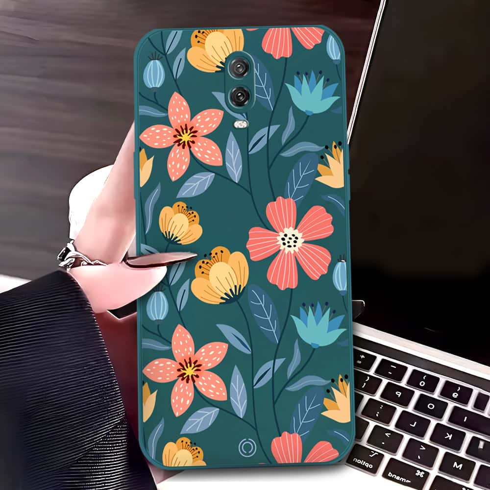 OnePlus 6T Cover - Dark Green - D2 - ONation Floral Series - HQ Liquid Silicone Soft Case