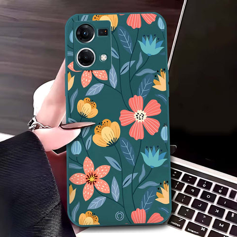 Oppo Reno 7 4G Cover - Dark Green - D2 - ONation Floral Series - HQ Liquid Silicone Soft Case
