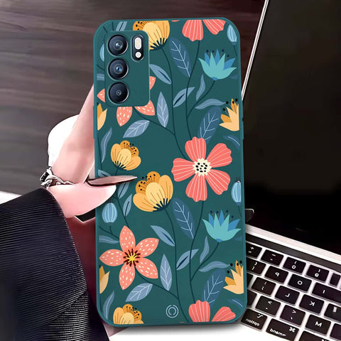 Oppo Reno 6 Pro 5G Cover - Dark Green - D2 - ONation Floral Series - HQ Liquid Silicone Soft Case