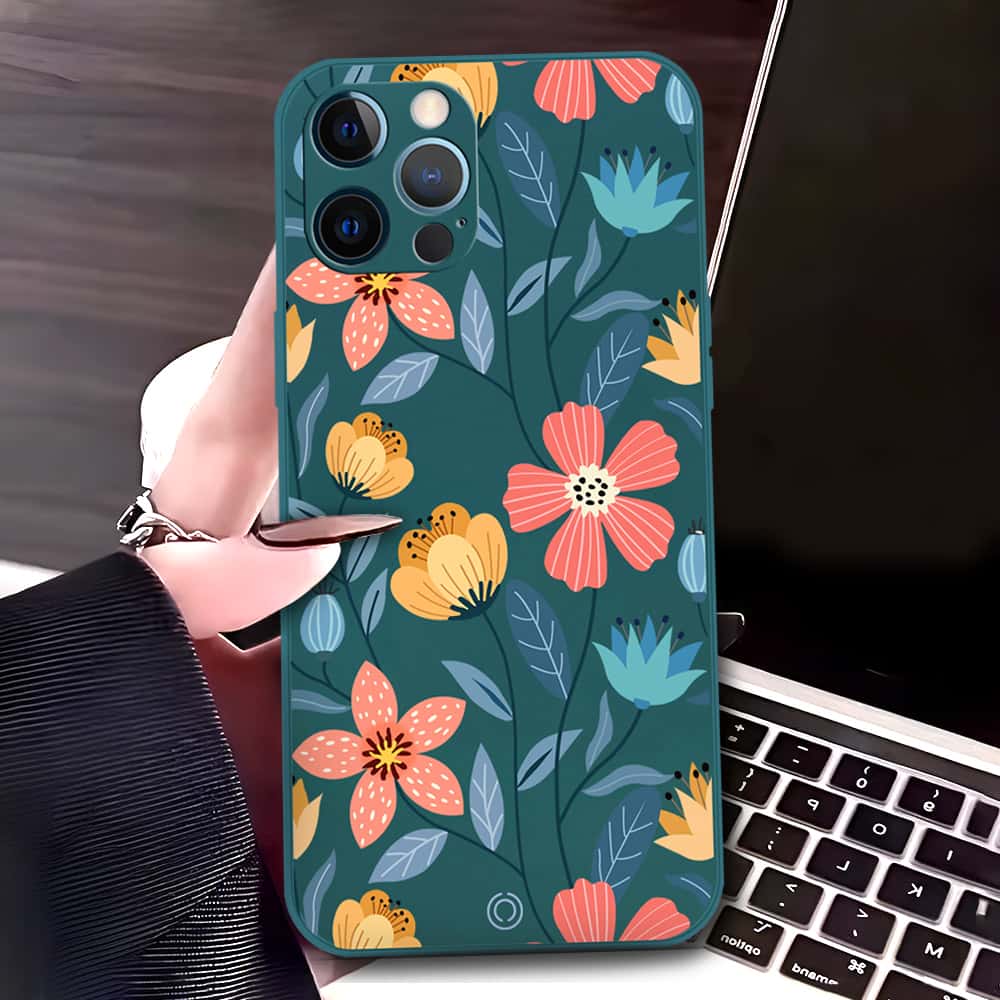 iPhone 12 Pro Max Cover - Dark Green - D2 - ONation Floral Series - HQ Liquid Silicone Soft Case