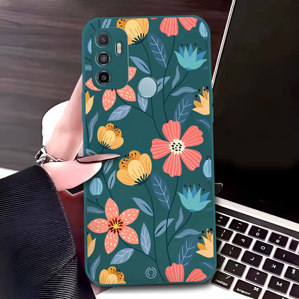 Oppo A53 Cover - Dark Green - D2 - ONation Floral Series - HQ Liquid Silicone Soft Case