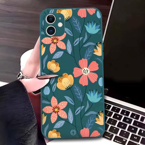 iPhone 12 Cover - Dark Green - D2 - ONation Floral Series - HQ Liquid Silicone Soft Case