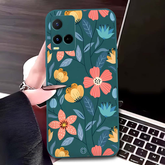 Vivo Y33t Cover - Dark Green - D2 - ONation Floral Series - HQ Liquid Silicone Soft Case
