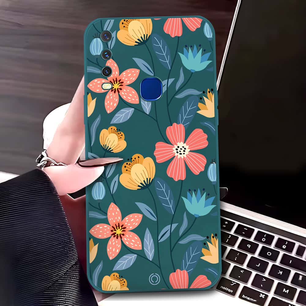 Vivo Y12a Cover - Dark Green - D2 - ONation Floral Series - HQ Liquid Silicone Soft Case