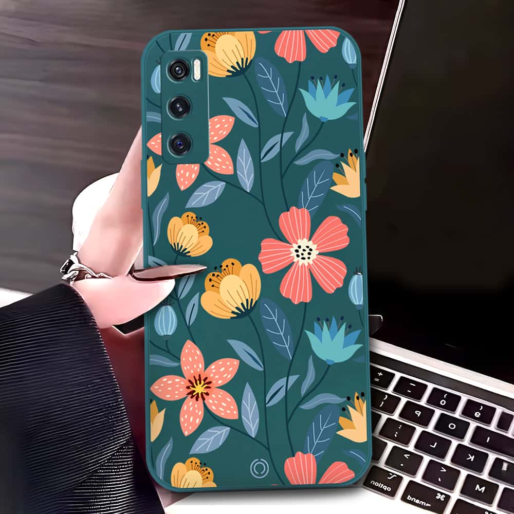 Vivo V20 SE Cover - Dark Green - D2 - ONation Floral Series - HQ Liquid Silicone Soft Case