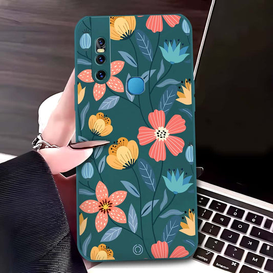 Vivo V15 Cover - Dark Green - D2 - ONation Floral Series - HQ Liquid Silicone Soft Case