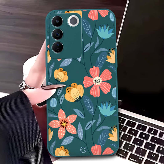 Vivo S16e Cover - Dark Green - D2 - ONation Floral Series - HQ Liquid Silicone Soft Case