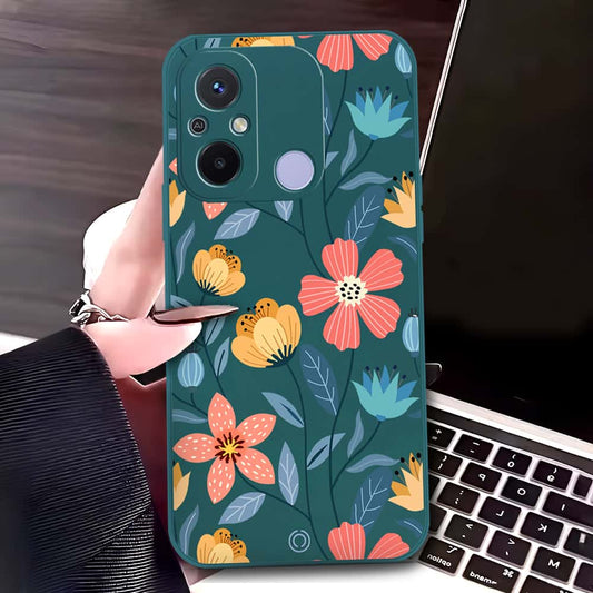 Xiaomi Redmi 12C Cover - Dark Green - D2 - ONation Floral Series - HQ Liquid Silicone Soft Case