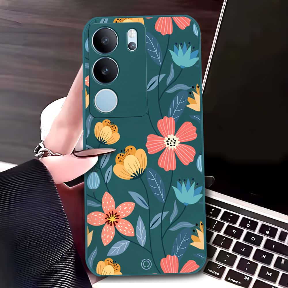 Vivo V29 Cover - Dark Green - D2 - ONation Floral Series - HQ Liquid Silicone Soft Case