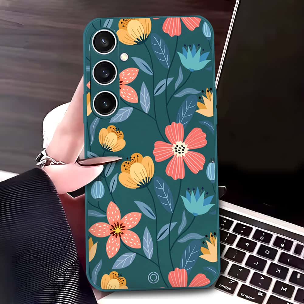 Samsung Galaxy S23 FE Cover - Dark Green - D2 - ONation Floral Series - HQ Liquid Silicone Soft Case