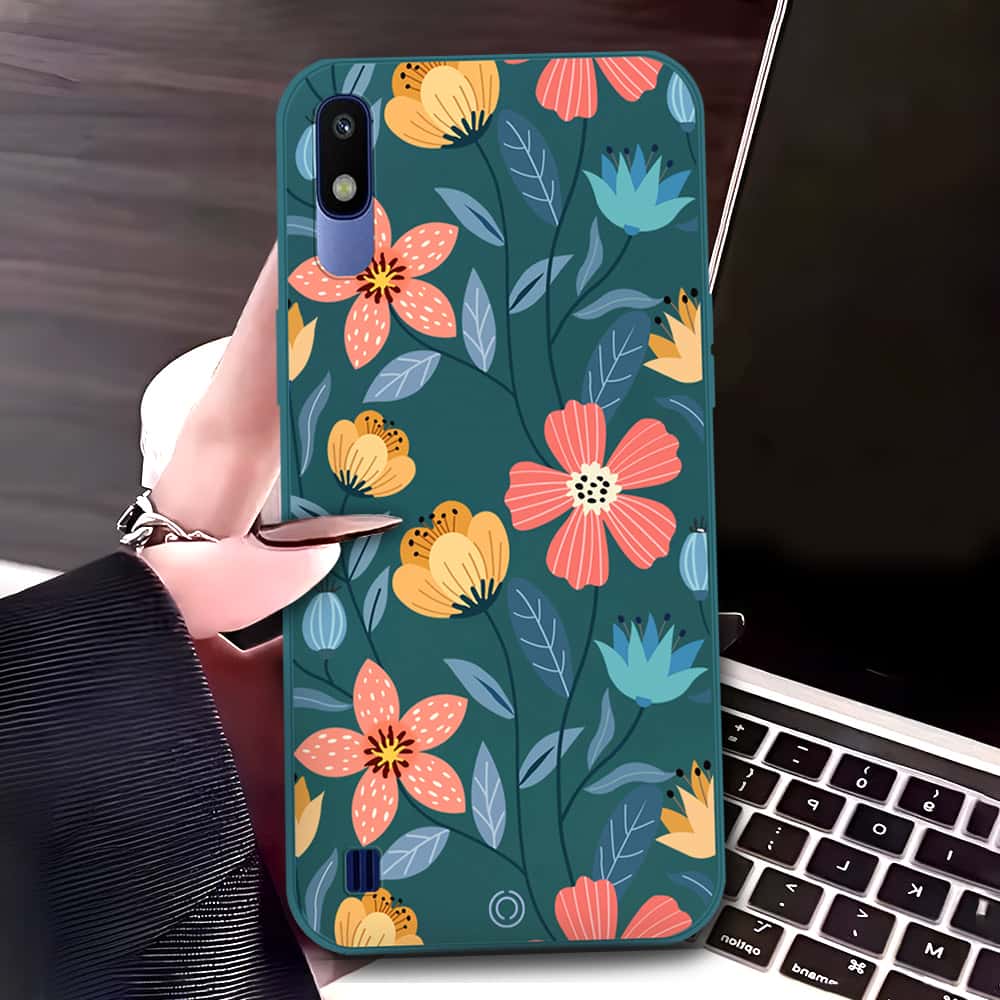Samsung Galaxy A10 Cover - Dark Green - D2 - ONation Floral Series - HQ Liquid Silicone Soft Case