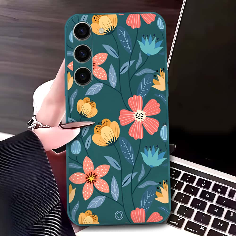 Samsung Galaxy S23 5G Cover - Dark Green - D2 - ONation Floral Series - HQ Liquid Silicone Soft Case