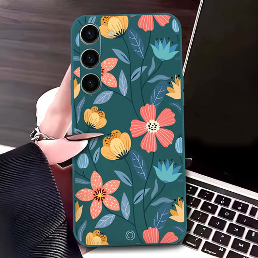 Samsung Galaxy S23 5G Cover - Dark Green - D2 - ONation Floral Series - HQ Liquid Silicone Soft Case